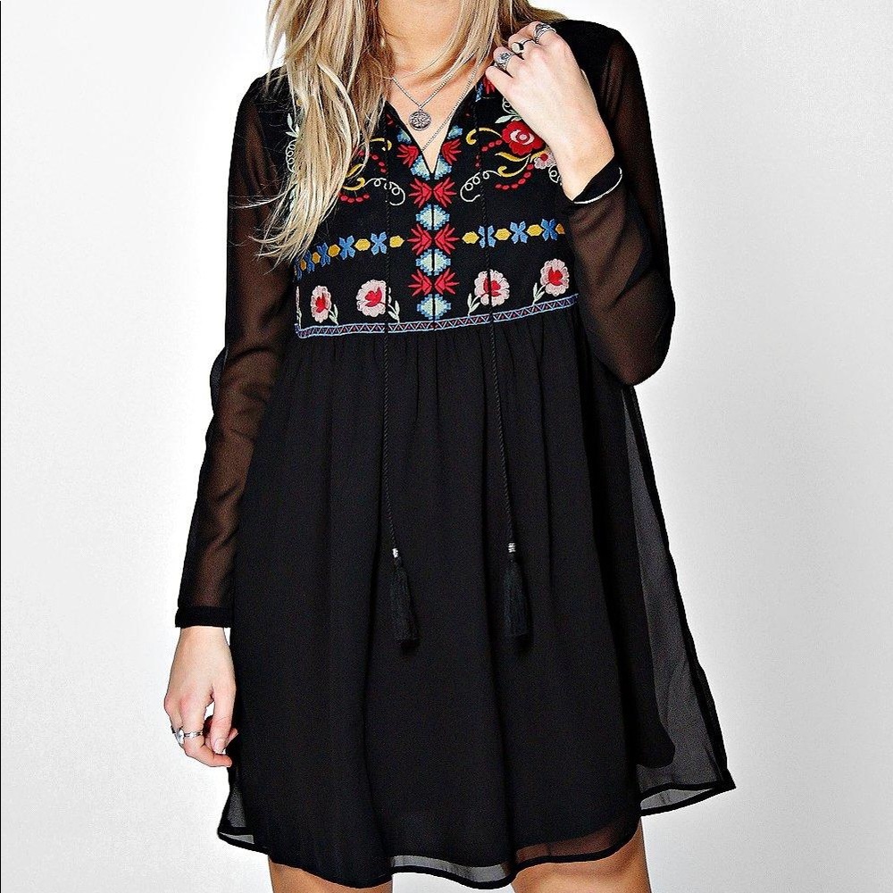 Nora Boutique Embroidered Tassel Smock Dress